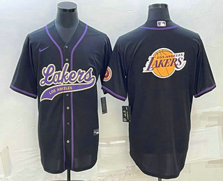 Mens Los Angeles Lakers Black Team Big Logo Cool Base Stitched Baseball Jersey->->NBA Jersey